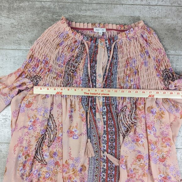 NWT Skylar & Jade Button Up Peasant Boho Tunic Top Dusted Pink Floral XL Tassel - Picture 4 of 6